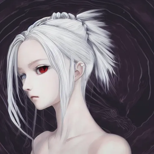 Image similar to Highly detailed Renaissance oil portrait of an anime girl with white hair and black eyes wearing three piece suit in the style of Yoshitaka Amano and Final Fantasy drawn with expressive brush strokes, abstract black and white background, film grain effect