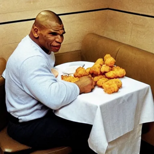 Image similar to Mike tyson sitting at a table in McDonald’s eating 200 chicken nuggets