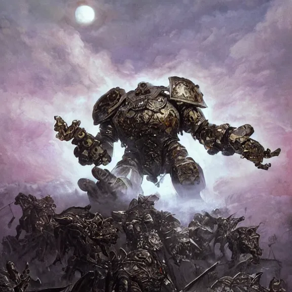 Image similar to moonstone, armoured chaos golem still frame from warhammer movie, legendary magical crystal construct by wayne barlowe, crystal golem fighting vast army by jakub rozalski, metal couture moonstone lightning elemental by malczewski