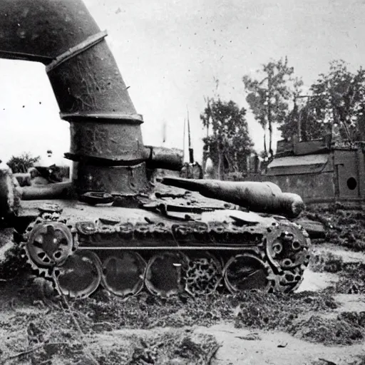 Prompt: a historical photo of a steampunk elephant with canons destroyed by a tank in the battlefield in ww 2, german tanks, gunfire, soldiers, high detailed