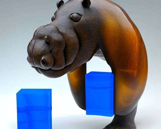 Image similar to a sculpture of hippo baby, half wood carved half blue translucid resin epoxy, cubic blocks, side view centered, mixmedia, transparent,