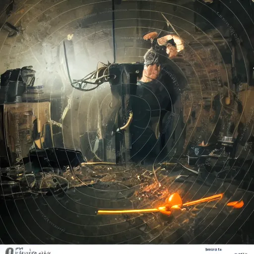 Image similar to half rusted old egg beater half stun - gun, balding older cyborg repairing, red hot soldering iron, dark messy smoke - filled cluttered workshop, dark, dramatic lighting, orange tint, cinematic, highly detailed, sci - fi, futuristic, movie still from blade runner