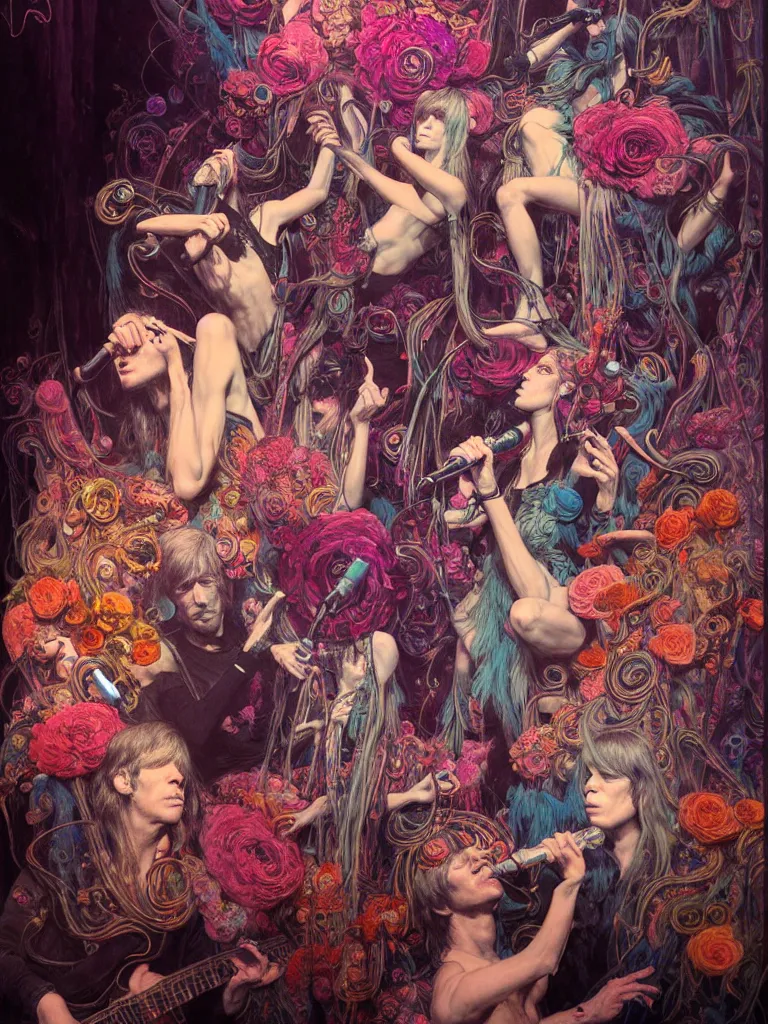 Prompt: the velvet underground and nico playing live on stage at a night club, beautiful stage decoration with flowers in the background, painting by james jean and gaston bussiere, very detailed and colorful and toned down and ornamental and moody and cool and relaxed and high on drugs, trending on artstation, behance contest winner
