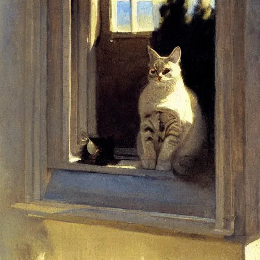 Prompt: a cat in the window smoking a cigarette with the sun shining, by anders zorn, oil painting