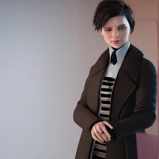 Prompt: a teen with black short hair and dark brown eyes wearing a formal overcoat, hyperrealistic, high quality, high detail, 8k,octane render, unreal engine 5, portait photo