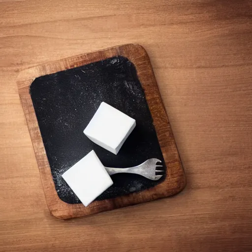 Prompt: photograph of a marshmallow cube on a dark wooden chopping board, hessian, styled food photography, photorealistic, 4 k
