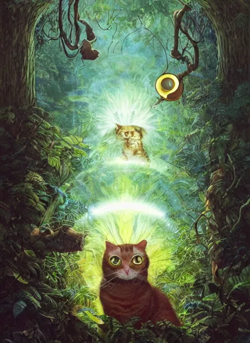 Image similar to a hyper realistic cat god with happy lighting and technology jewelry in the woods gorgeous lighting, sunbeams blue sky, lush forest foliage painting by chiara bautista and beksinski and norman rockwell and greg rutkowski weta studio, and lucasfilm