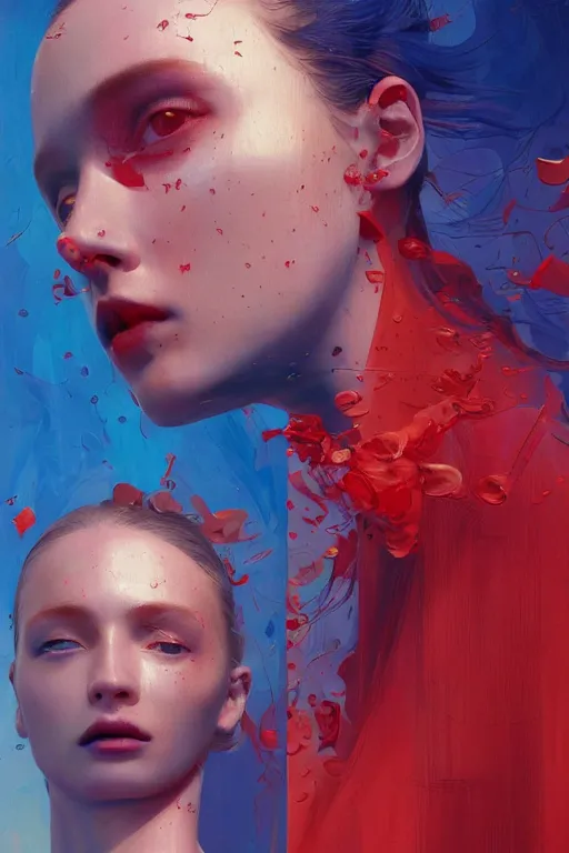 Image similar to 3 d, sci - fi, sun rays, sleepy fashion model face, blue faces aside, cinematic, vogue cover style, poster art, light red and deep blue mood, realistic painting, intricate oil painting, high detail, figurative art, multiple exposure, poster art, 3 d, by tooth wu and wlop and beeple and greg rutkowski