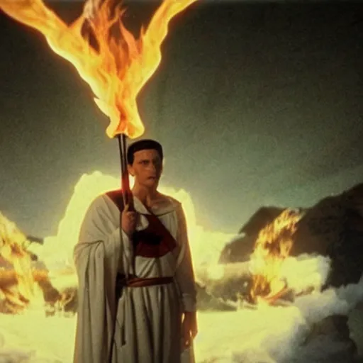 Image similar to cinematic still of divine angelic man with white ancient Canaanite robes holding a flaming sword, paradise in the background