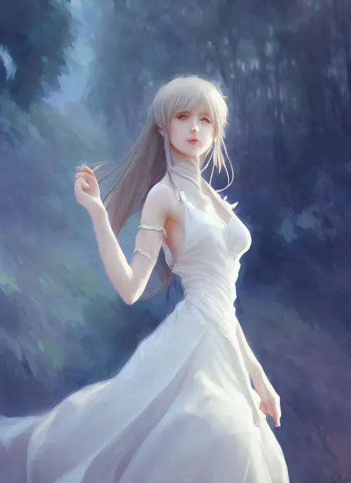 Image similar to a girl with elegant white dress, digital art by krenz cushart, laurie greasly, wlop, artgerm, intricate, ( highly detailed figure ), sharp focus, smooth, epic composition, joyful, unreal engine