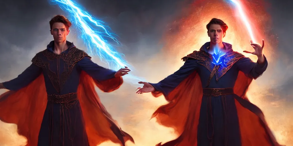 Prompt: epic scene of a handsome caucasian male sorcerer with brown hair, he is casting a blue and red spell that is emanating from his hands, heroic pose, medium shot, waist up, epic composition, post processing, concept art, by greg rutkowski