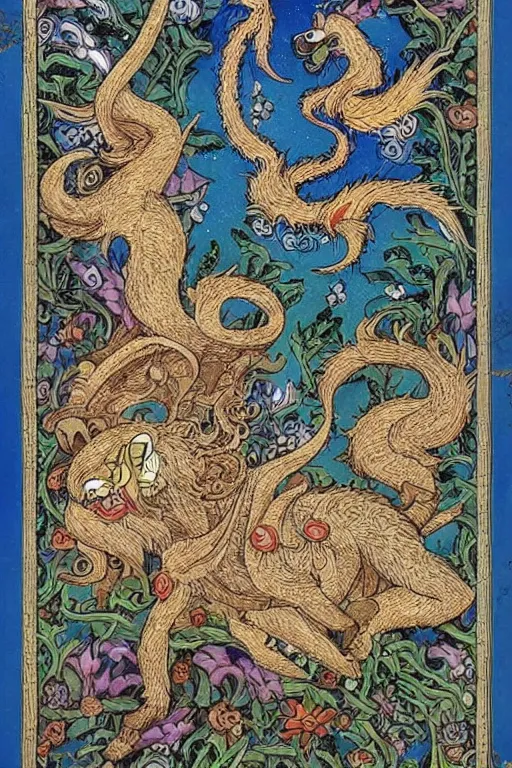 Image similar to intricate and detailed persian miniature of mythical creatures in the style of studio ghibli