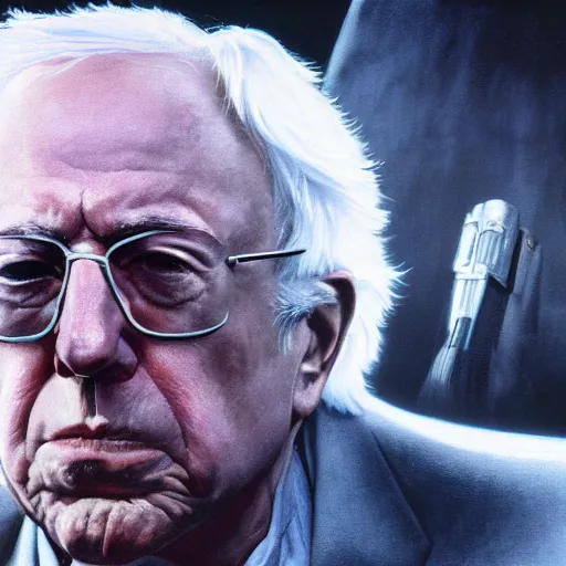 Prompt: Cinematic Imax depiction of Bernie Sanders as a cyborg in the style of Wayne Barlowe 3840 x 2160