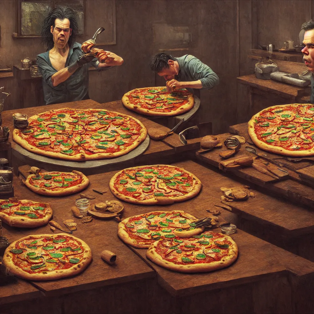 Image similar to hyper detailed 3d render like a Oil painting - nick cave baking pizza by Jacek Yerka, Mariusz Lewandowski, Houdini algorithmic generative render, Abstract brush strokes, Masterpiece, Edward Hopper and James Gilleard, Zdzislaw Beksinski, Mark Ryden, Wolfgang Lettl, hints of Yayoi Kasuma, octane render, 8k