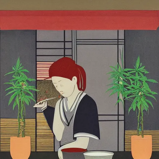 Image similar to taiwanese cafe with cannabis pot plants 🪴 utopia frontage poster by will barnet