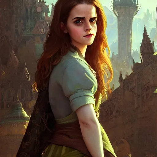 Prompt: Emma Watson as Fiona in Shrek, intricate, highly detailed, digital painting, artstation, concept art, sharp focus, illustration, art by greg rutkowski and alphonse mucha