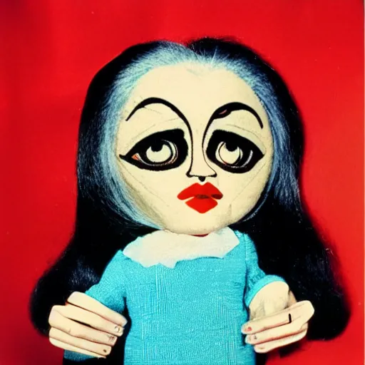 Image similar to 1976 a woman holding a hand puppet made out of human hair and cute eyes 16mm technicolor Almodovar John Waters Russ Meyer Doris Wishman old photo