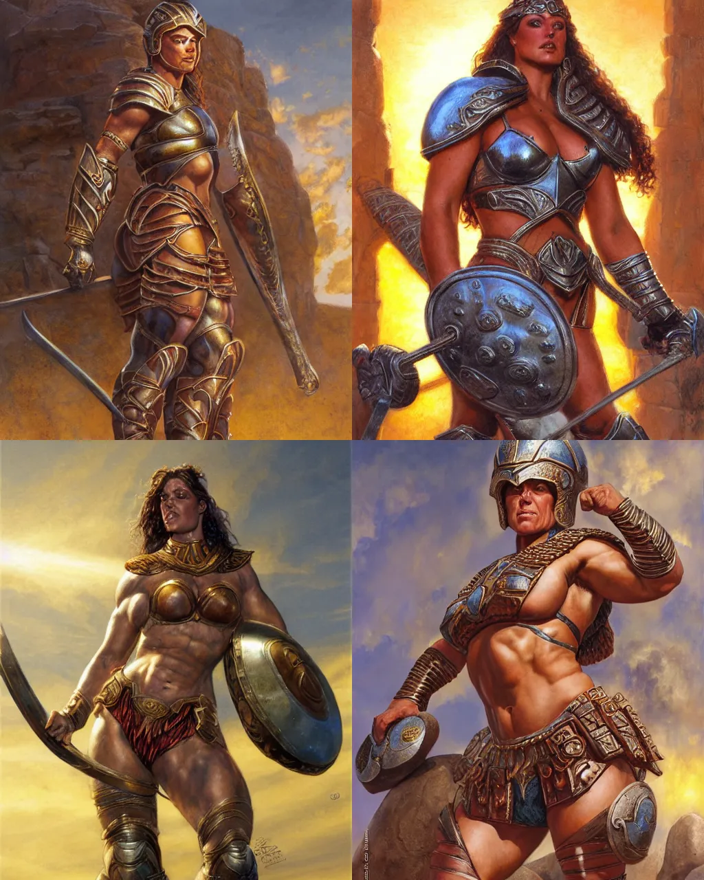Prompt: large and strong female gladiator standing in the arena, muscular and mighty, full helmet, low angle, sunshafts, by donato giancola and ralph horsley, centered, soft lighting, detailed