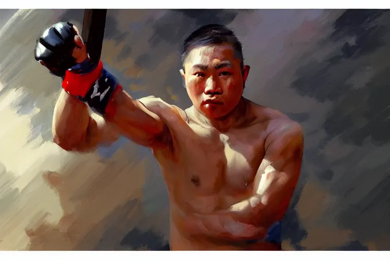 Image similar to greg manchess painting of a filipino mma fighter with a sword, organic painting, sunny day, matte painting, bold shapes, hard edges, street art, trending on artstation, by huang guangjian, gil elvgren, ruan jia, randy vargas, greg rutkowski