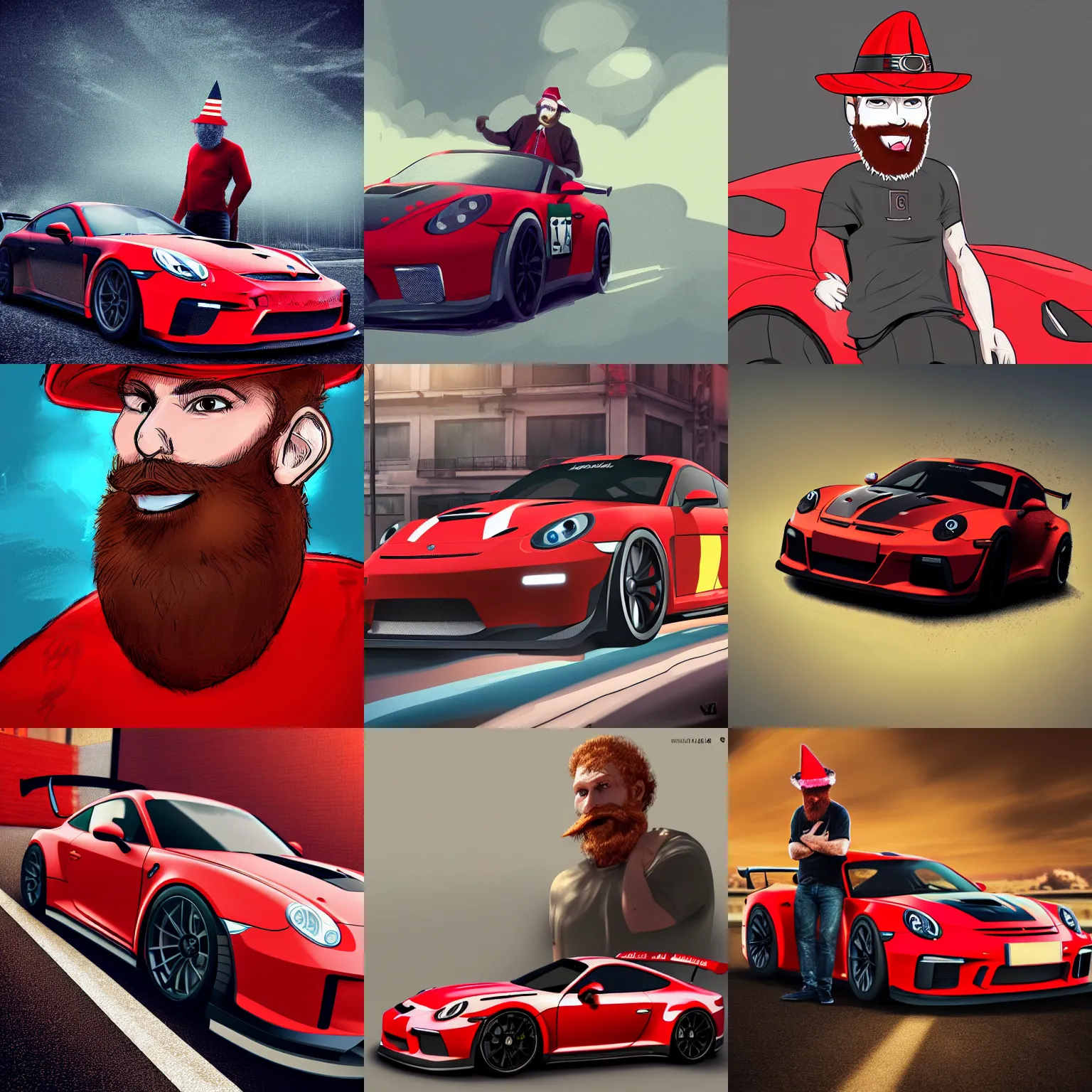 Prompt: A red bearded guy wearing a birthday hat and driving a GT3S, digital art, trending on Artstation
