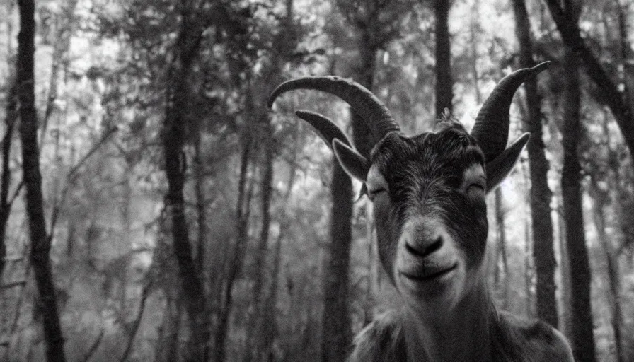 Image similar to grainy 16 mm indie horror film about goat headed demons in the forest