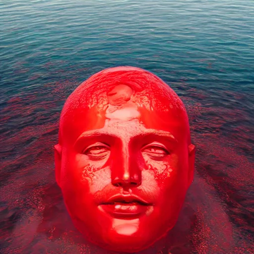 Image similar to a giant human head sculpture in the sea made out of eatable red jelly, in the style of chad knight, long shot, hyper detailed, hyper realistic, ray tracing, 8 k resolution, sharp focus, realistic water, award winning