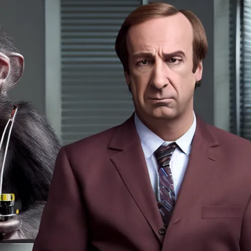 Prompt: saul goodman is a chimp with a machine gun, still from netflix