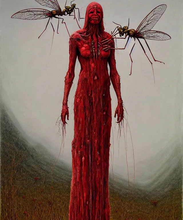 Prompt: a detailed mosquitowoman stands among the hills. wearing a ripped mantle, robe. perfect faces, gnats, extremely high details, realistic, fantasy art, solo, masterpiece, art by hermann nitsch, zdzislaw beksinski, dariusz zawadzki, giger, dragan bibin