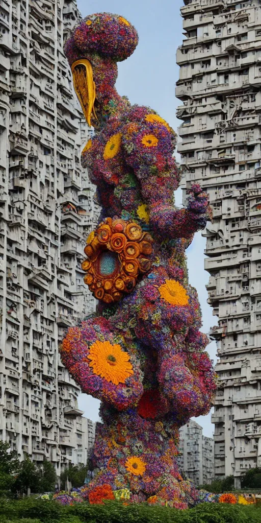 Image similar to colossal psyhedelic alien predator flower made from worst unfulfilled mankind projects in the middle of abandoned post soviet constructivist cityscape, Stalinist architecture, ultradetailed, Intricate by Niruyoshi Ohrai and Hayao Miyazaki and Josan Gonzalez and Makoto Shinkai and Giuseppe Arcimboldo and Wes Anderson