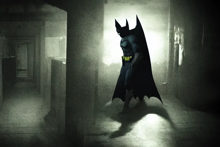 Prompt: batman covered in kleenex, chasing through old brown decrepit hallway, creepy smile, atmospheric eerie lighting, photorealistic face, dim lighting, bodycam footage, motion blur, photography