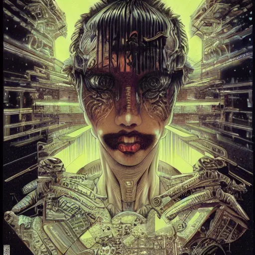 Prompt: portrait of crazy blade runner, symmetrical, by yoichi hatakenaka, masamune shirow, josan gonzales and dan mumford, ayami kojima, takato yamamoto, barclay shaw, karol bak, yukito kishiro