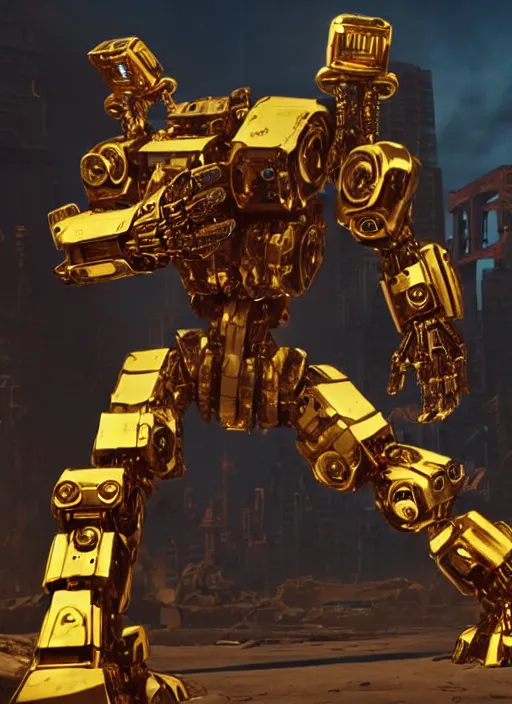 Image similar to a shiny ornate boxing humanoid mecha in ruin city, epic pose, bright, by war robots, real steel ( 2 0 1 1 ), westworld and eve venture and pacific rim and machine warrior 5, cryengine, frostbite 3 engine, scarlet and yellow scheme, sharp focus, 8 k, high definition, insanely detailed, soft lighting, smooth face