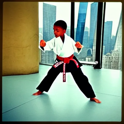 Prompt: “ corey in the house doing karate at the top of the world trade center ”