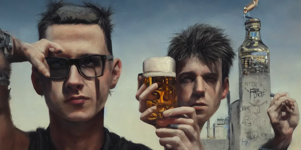 Image similar to beautiful oil matte portrait painting, 8 0 s punk sitting on top of the berlin wall drinking beer, wonderful masterpiece highly detailed, beautiful cinematic light deep focus, elegant, digital painting, smooth, sharp focus, golden ratio, dramatic illumination, ultra realistic, 8 k, art by jimmy law