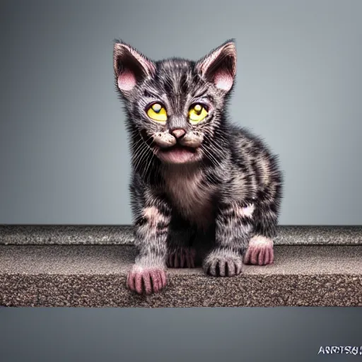 Image similar to full body pose, hyperrealistic photograph of cheshire kitten, dim volumetric lighting, 8 k, octane beautifully detailed render, extremely hyper detailed, intricate, epic composition, cinematic lighting, masterpiece, trending on artstation, very very detailed, stunning, hdr, smooth, sharp focus, high resolution, award, winning photo, dslr, 5 0 mm