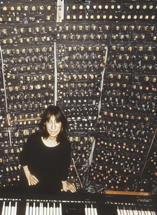 Image similar to Suzanne Ciani surrounded by a wall of synthesizers, by Claude Monet