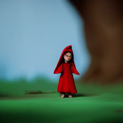 Image similar to a cinematic film still of a claymation stop motion film starring emma watson as little red riding hood, looking at wild wolf, shallow depth of field, 8 0 mm, f 1. 8