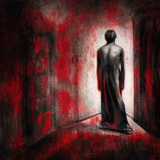 Prompt: a dark mind in a nightmare is aware of betrayal sadness and despondency of a schizophrenic in a red hyper room