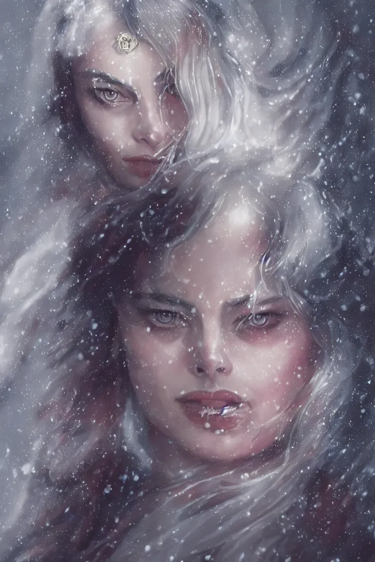 Prompt: a beautiful ultradetailed illustration of margot robbie as a geisha with a sword by charlie bowater, catchlight in the eyes, trending in artstation, portrait photo, bokeh, 4K, during snowfall