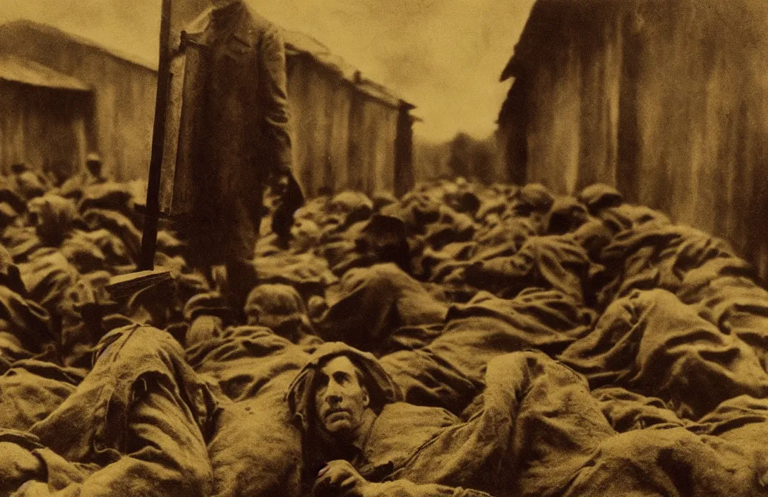 Prompt: concentration camps suffolk landscape intact flawless ambrotype from 4 k criterion collection remastered cinematography gory horror film, ominous lighting, evil theme wow photo realistic postprocessing energetic brushstrokes create optical flow illusion of 3 d intricate painting by john singer sargent