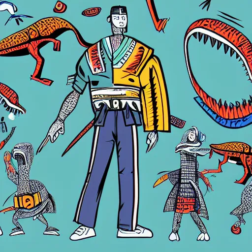 Image similar to memphis design, retro, 90s, detailed illustration, dinosaur samurai with a boombox