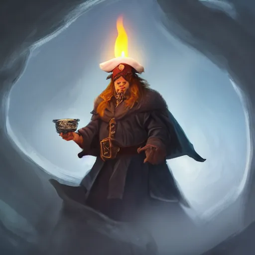 Image similar to a male pirate wearing a black sleeping cap with a puffball, holding a candle, wearing a flowing cape, portrait, d & d, science fiction, concept art, matte, sharp focus, illustration, concept art, jason chan, dan luvisi, karl thiart, uhd, 4 k, very detailed