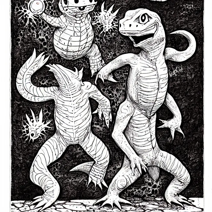 Image similar to charmander as a d & d monster, full body, pen - and - ink illustration, etching, by russ nicholson, david a trampier, larry elmore, 1 9 8 1, hq scan, intricate details, inside stylized border