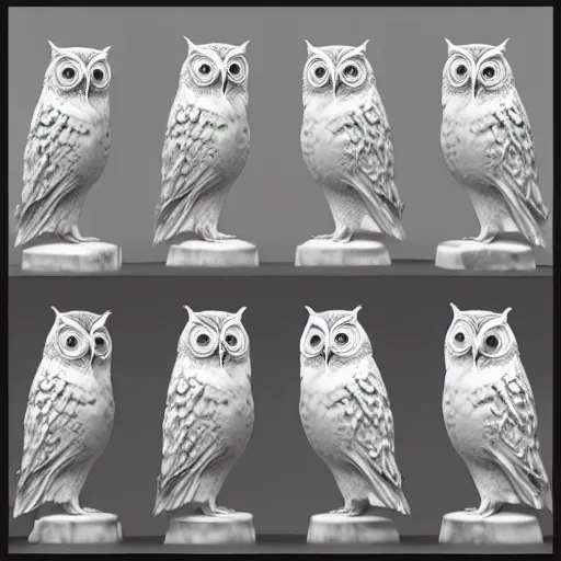 Image similar to realistic full body marble carving of chibi cute owl, highly detailed, intricate details, 3D-Coat design, Toon Boom render