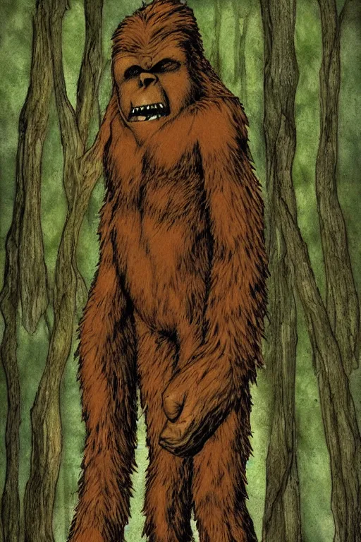 Image similar to happy bigfoot in the woods artwork by ben templesmith