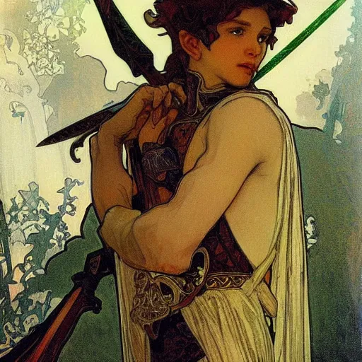 Prompt: An elf prince with a sword ,alphonse mucha