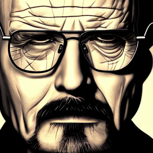 Image similar to Hideo Kojima as Heisenberg Walter White, matte paint, portrait, very coherent, airbrush