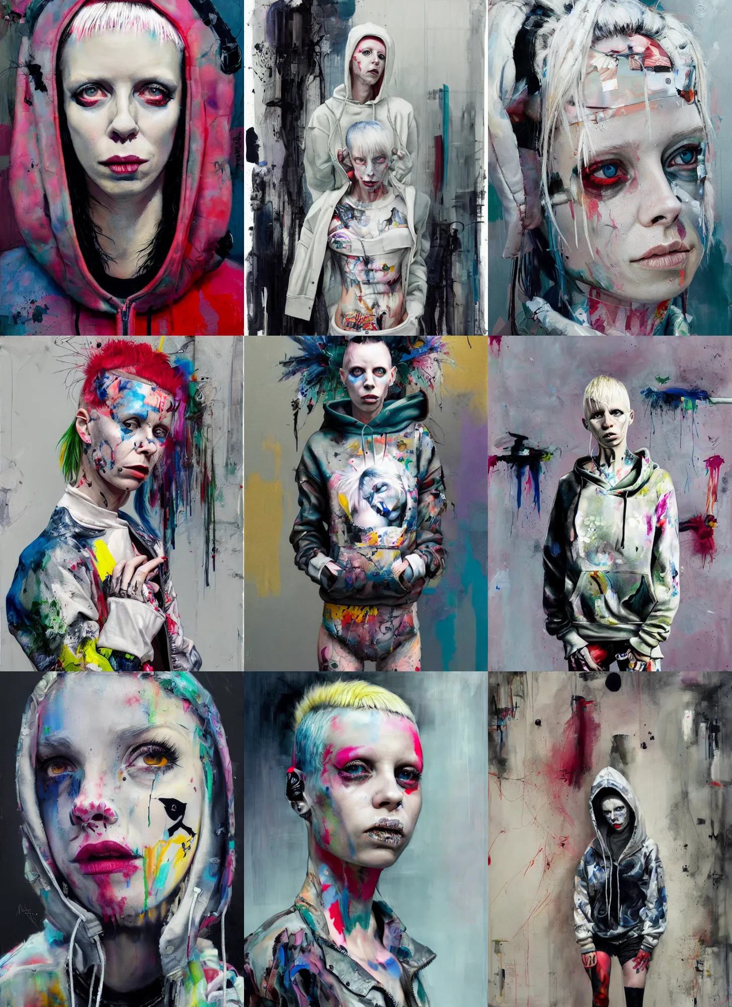Prompt: painting by martine johanna of yolandi visser wearing a hoodie standing in a township street in the style of jeremy mann, street clothing, haute couture fashion, full figure painting by david choe, ashley wood, decorative flowers, 2 4 mm, die antwoord