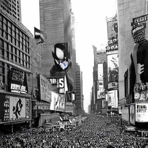 Prompt: photo of spider-man in times square, 1950s black and white