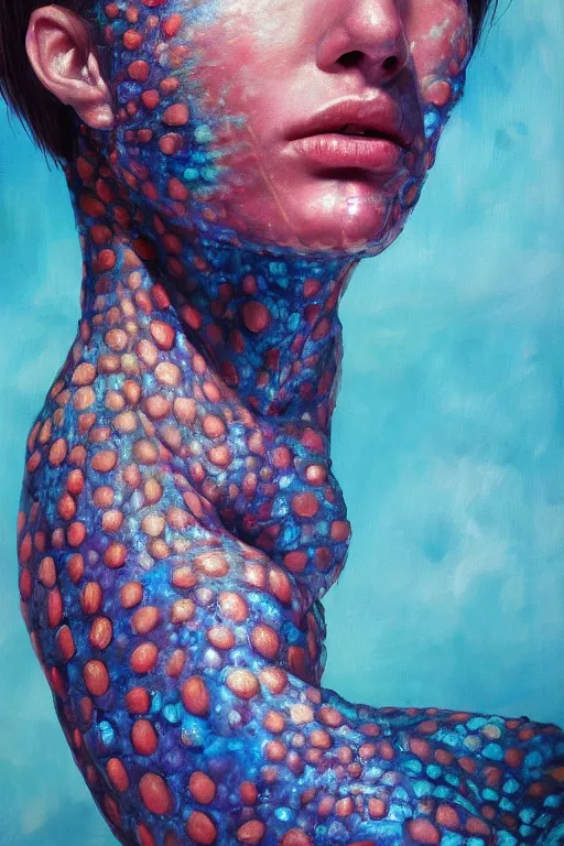 Image similar to hyperrealism oil painting, close - up portrait of face from a tangle of snakes fashion model, knight, street art gradient mixed with nebula sky, in style of baroque